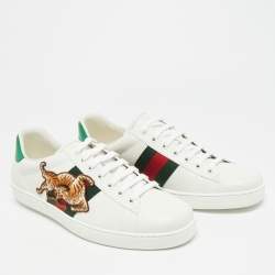Pre Owned Gucci Ace Tiger Embroidered Size 43 White Leather Low Top Sneakers