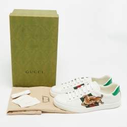 Pre Owned Gucci Ace Tiger Embroidered Size 43 White Leather Low Top Sneakers