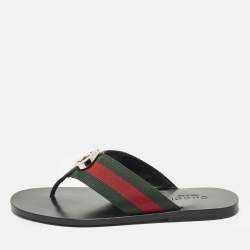 Pre Owned Gucci Size 39.5 Interlocking G Black Leather Thong Flat Sandals 