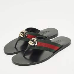 Pre Owned Gucci Size 39.5 Interlocking G Black Leather Thong Flat Sandals 