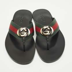 Pre Owned Gucci Size 39.5 Interlocking G Black Leather Thong Flat Sandals 