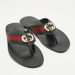 Pre Owned Gucci Size 39.5 Interlocking G Black Leather Thong Flat Sandals 