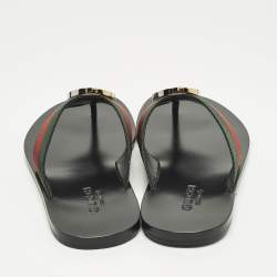 Pre Owned Gucci Size 39.5 Interlocking G Black Leather Thong Flat Sandals 