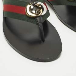 Pre Owned Gucci Size 39.5 Interlocking G Black Leather Thong Flat Sandals 
