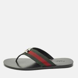 Pre Owned Gucci Interlocking G Size 45 Green/Black Canvas and Leather Thong Flat Sandals 