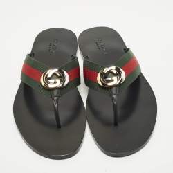 Pre Owned Gucci Interlocking G Size 45 Green/Black Canvas and Leather Thong Flat Sandals 