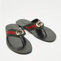 Pre Owned Gucci Interlocking G Size 45 Green/Black Canvas and Leather Thong Flat Sandals 