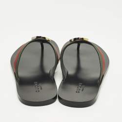 Pre Owned Gucci Interlocking G Size 45 Green/Black Canvas and Leather Thong Flat Sandals 