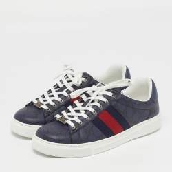 Pre Owned Gucci Ace Size 40 Blue/Black GG Supreme Canvas Low Top Sneakers