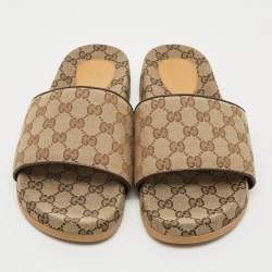 Pre Owned Gucci GG Size 43 Beige/Brown Canvas Flat Slide