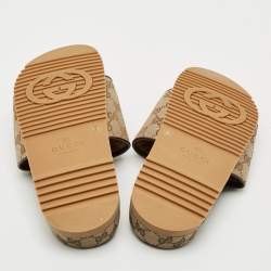 Pre Owned Gucci GG Size 43 Beige/Brown Canvas Flat Slide