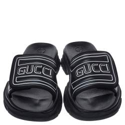 Gucci Black Leather Logo Slide Sandals Size 41