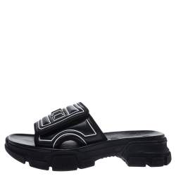 Gucci Black Leather Logo Slide Sandals Size 41