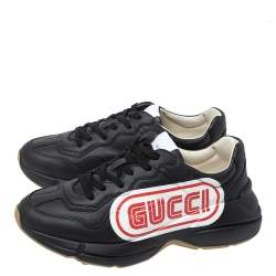 Gucci Black Leather Rhyton Logo Low Top Sneakers Size 44.5