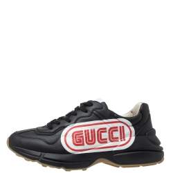 Gucci Black Leather Rhyton Logo Low Top Sneakers Size 44.5