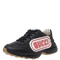 Gucci Black Leather Rhyton Logo Low Top Sneakers Size 44.5