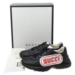 Gucci Black Leather Rhyton Logo Low Top Sneakers Size 44.5