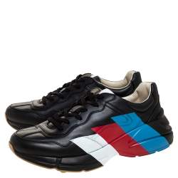 مملوكة مسبقًا Gucci Black Leather Rhyton Logo Low Top Sneakers Size 44