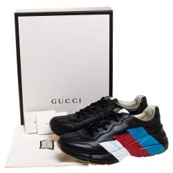 مملوكة مسبقًا Gucci Black Leather Rhyton Logo Low Top Sneakers Size 44