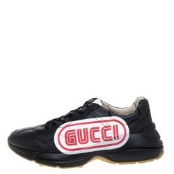 Gucci Black Leather Logo Print Rhyton Low Top Sneakers Size 44.5