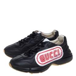 Gucci Black Leather Logo Print Rhyton Low Top Sneakers Size 44.5