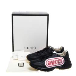 Gucci Black Leather Logo Print Rhyton Low Top Sneakers Size 44.5