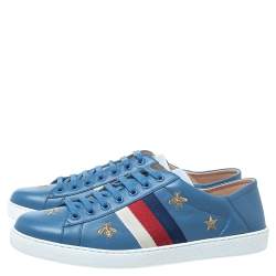 Pre Owned Gucci Blue Leather Bee Stars Ace Low Top Sneakers Size 44