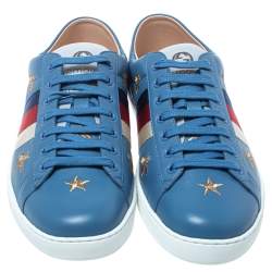 Pre Owned Gucci Blue Leather Bee Stars Ace Low Top Sneakers Size 44