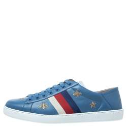 Pre Owned Gucci Blue Leather Bee Stars Ace Low Top Sneakers Size 44
