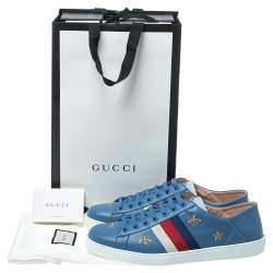 Pre Owned Gucci Blue Leather Bee Stars Ace Low Top Sneakers Size 44