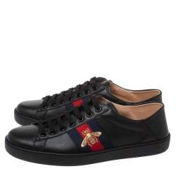 Pre Owned Gucci Black Leather Embroidered Bee Ace Low Top Sneakers Size 41