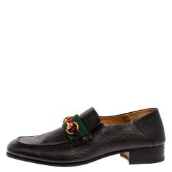 Gucci Black Leather Horsebit Web Detail Slip On Loafers Size 44.5