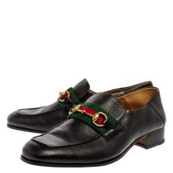 Gucci Black Leather Horsebit Web Detail Slip On Loafers Size 44.5
