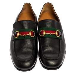 Gucci Black Leather Horsebit Web Detail Slip On Loafers Size 44.5