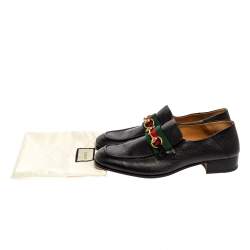 Gucci Black Leather Horsebit Web Detail Slip On Loafers Size 44.5