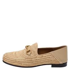 Pre Owned Gucci Beige Raffia Jordaan Horsebit Slip On Loafers Size 44.5