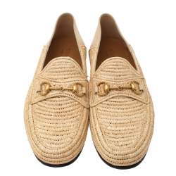 Pre Owned Gucci Beige Raffia Jordaan Horsebit Slip On Loafers Size 44.5