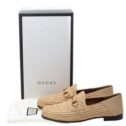 Pre Owned Gucci Beige Raffia Jordaan Horsebit Slip On Loafers Size 44.5