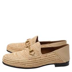 Pre Owned Gucci Beige Raffia Jordaan Horsebit Slip On Loafers Size 44.5