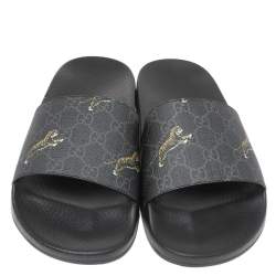 Pre Owned Gucci Black GG Canvas Tiger Flat Slides Size 44
