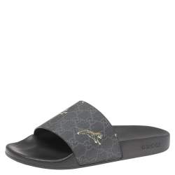 Pre Owned Gucci Black GG Canvas Tiger Flat Slides Size 44