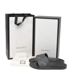 Pre Owned Gucci Black GG Canvas Tiger Flat Slides Size 44
