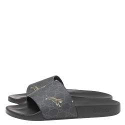 Pre Owned Gucci Black GG Canvas Tiger Flat Slides Size 44