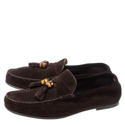 Pre Owned حذاء لوفرز غوتشي مزين دلاية بشراشيب و بامبو طراز سليب أون سويدي بني مقاس 41.5