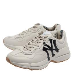 Gucci Mystic White Leather NY Yankees Rhyton Low Top Sneakers Size 41