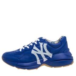 Gucci Blue Leather NY Yankees Rhyton Low Top Sneaker Size 43