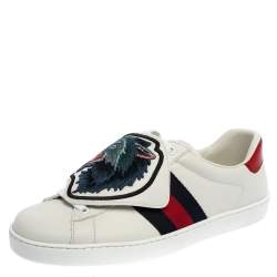 Pre Owned Gucci White Leather Ace Web Low Top Sneakers with Removable Patch Size 40