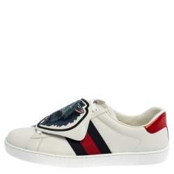 Pre Owned Gucci White Leather Ace Web Low Top Sneakers with Removable Patch Size 40