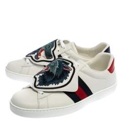 Pre Owned Gucci White Leather Ace Web Low Top Sneakers with Removable Patch Size 40