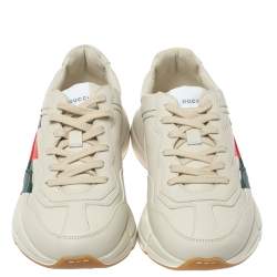 Pre Owned Gucci Cream Leather Web Rhyton Low Top Sneakers Size 41.5